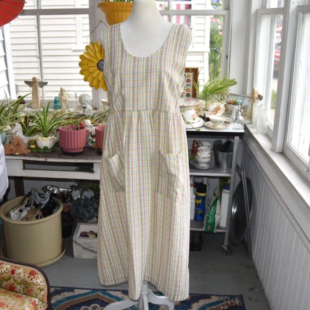 Vintage 70s Pastel Plaid Seersucker Pinafore Dress Pockets Cottagecore Medium